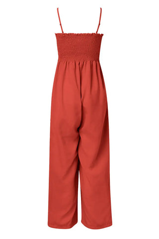 Smocked Spaghetti Strap Wide Leg Jumpsuit Divacious