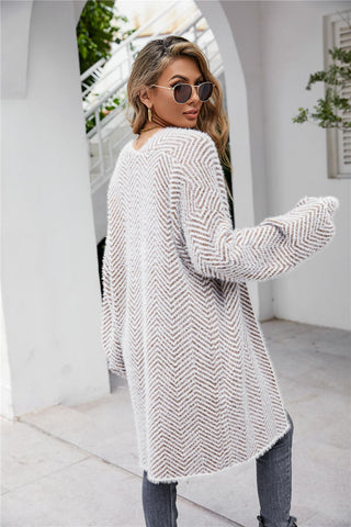 Herringbone Pattern Open Front Longline Fuzzy Cardigan Divacious