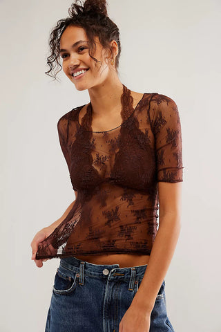 Lace Round Neck Half Sleeve Sheer Blouse Divacious