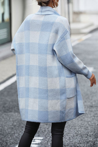 Plaid Dropped Shoulder Cardigan with Pocket Divacious