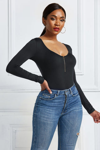 Half Zip Scoop Neck Long Sleeve Bodysuit Divacious