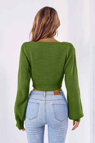 Bow V-Neck Long Sleeve Cropped Sweater Divacious