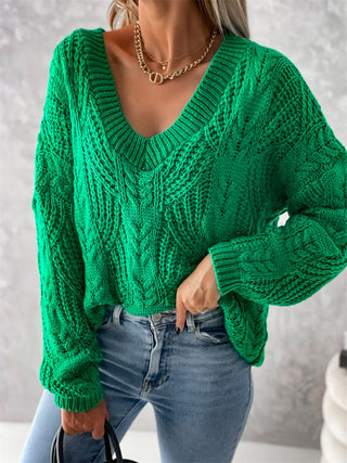 V-Neck Cable-Knit Long Sleeve Sweater Divacious