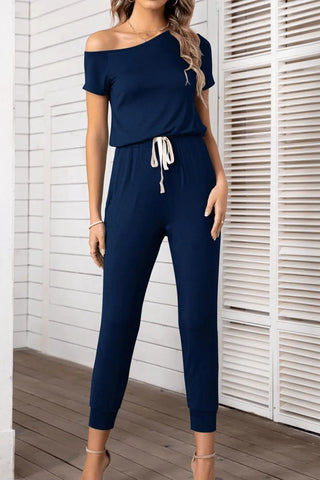 Asymmetrical Neck Short Sleeve Jumpsuit Divacious