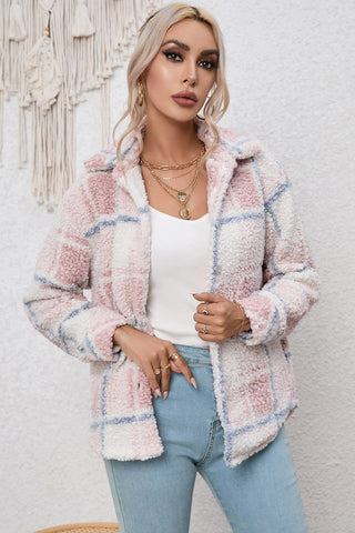 Plaid Button Up Collared Neck Long Sleeve Shacket Divacious