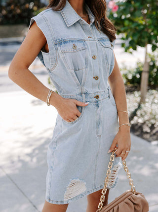 Distressed Half Button Sleeveless Denim Dress Divacious