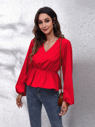 V-Neck Balloon Sleeve Peplum Blouse Divacious