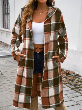 Plaid Long Sleeve Hooded Coat Divacious