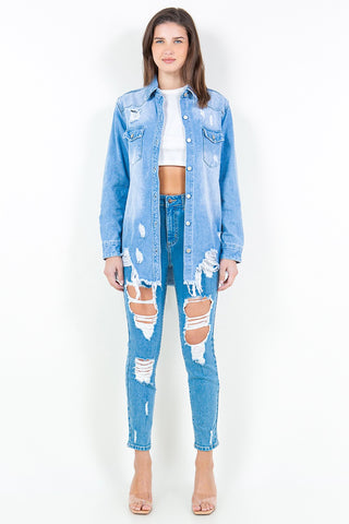 Frayed Hem Distressed Denim Shirt Jacket Divacious