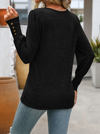 Decorative Button Round Neck Long Sleeve T-Shirt Divacious