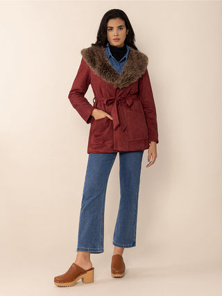 Fuzzy Collared Neck Tie Waist Jacket - Divacious