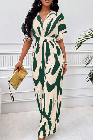 Printed V-Neck Short Sleeve Wide Leg Jumpsuit Divacious