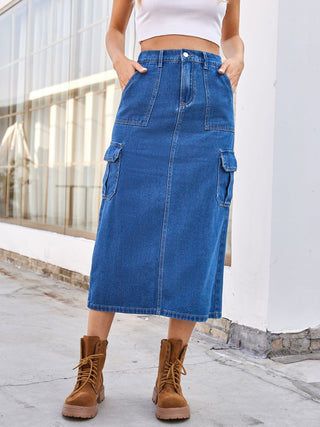 Slit Midi Denim Skirt with Pockets Divacious