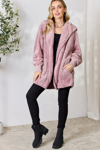 H&T Faux Fur Open Front Hooded Jacket Divacious