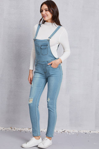 Distressed Washed Denim Overalls with Pockets Divacious