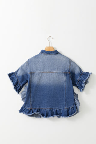 Ruffled Raw Hem Half Sleeve Denim Top Divacious