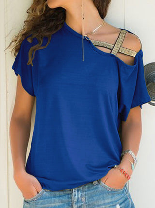 Asymmetrical Neck Short Sleeve T-Shirt Divacious