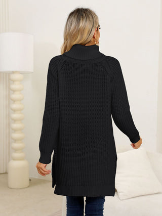 Slit Turtleneck Long Sleeve Sweater - Divacious