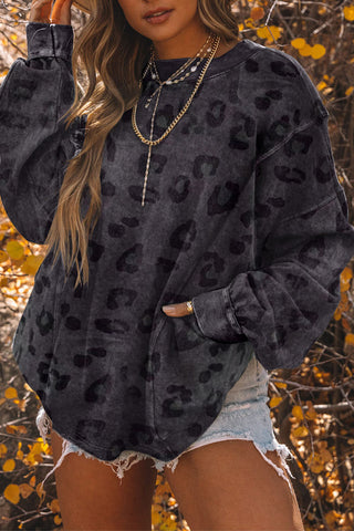 Leopard Round Neck Dropped Shoulder Sweatshirt Divacious