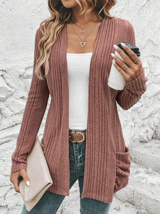 Ribbed Open Front Cardigan with Pockets Divacious