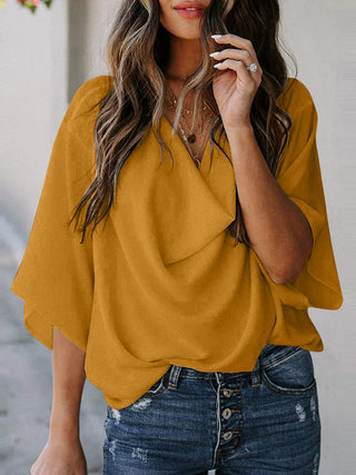 Full Size Cowl Neck Three-Quarter Sleeve Blouse Divacious