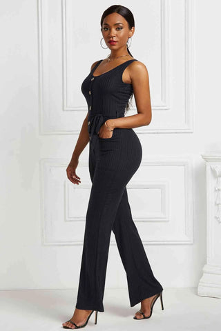 Button Detail Tie Waist Jumpsuit with Pockets Divacious