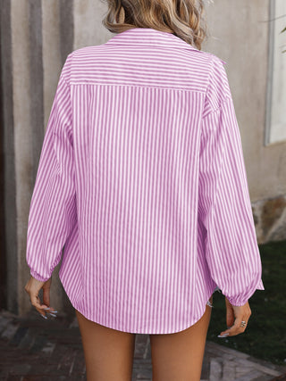 Striped Pocketed Button Up Long Sleeve Shirt Divacious