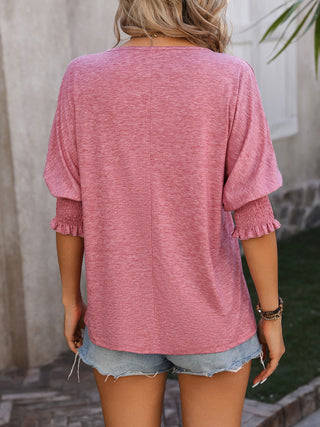 Heathered Notched Lantern Sleeve Blouse Divacious