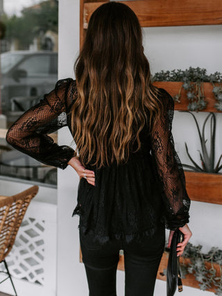 Lace Detail Plunge Long Sleeve Blouse Divacious