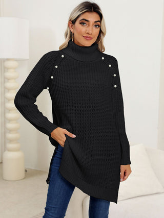 Slit Turtleneck Long Sleeve Sweater - Divacious