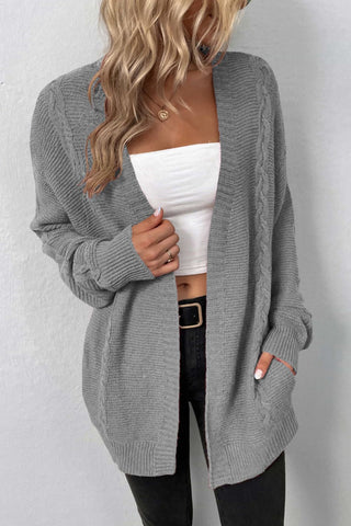 Cable-Knit Open Front Cardigan with Pockets Divacious