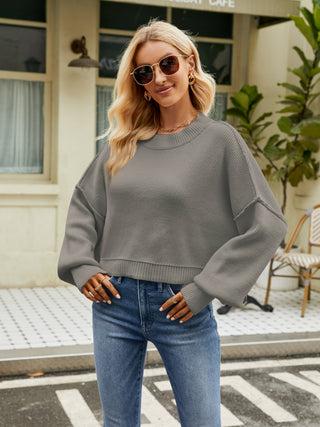 Round Neck Lantern Sleeve Sweater Divacious