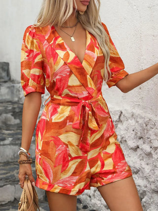 Printed Surplice Half Sleeve Romper Divacious