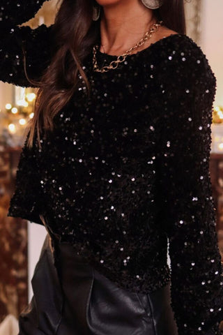 Sequin Round Neck Long Sleeve Blouse Divacious