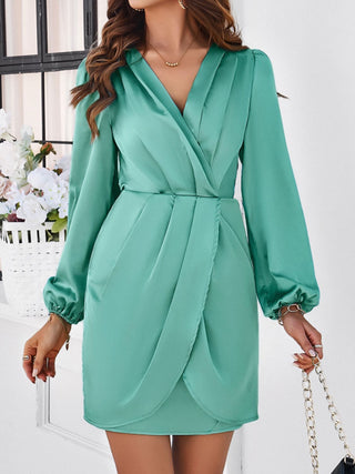 Devine Ruched Surplice Long Sleeve Mini Dress Trendsi