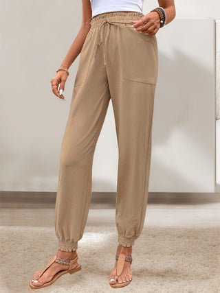 Tied Elastic Waist Pants with Pockets Divacious