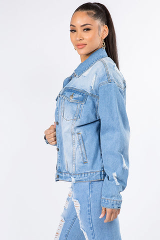 Graphic Distressed Long Sleeve Denim Jacket Divacious