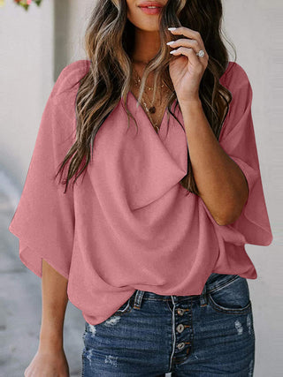 Full Size Cowl Neck Three-Quarter Sleeve Blouse Divacious