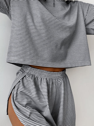 Striped Round Neck Top and Shorts Set Trendsi