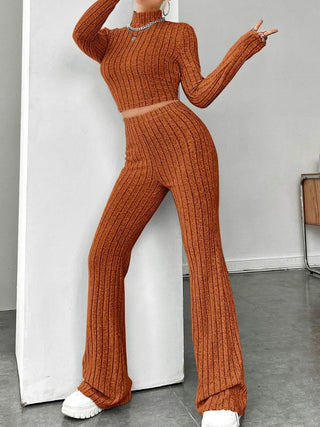 Ribbed Mock Neck Long Sleeve Top and Pants Set Trendsi