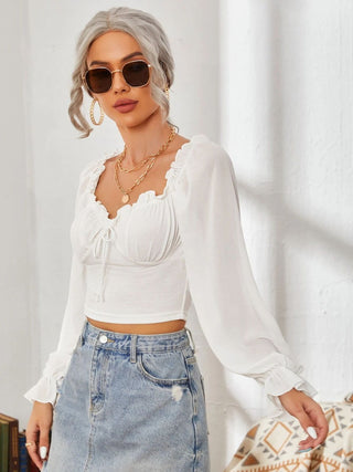 Mesh Sweetheart Neck Flounce Sleeve Top Divacious