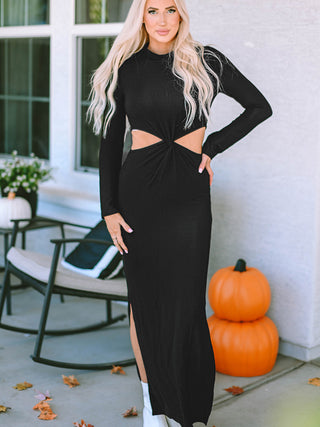 Cutout Round Neck Long Sleeve Slit Maxi Dress Trendsi