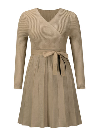 Surplice Neck Tie Front Pleated Sweater Dress Trendsi