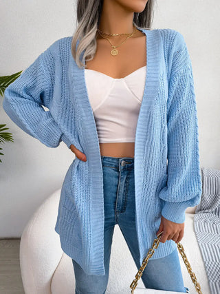 Cable-Knit Open Front Pocketed Cardigan Divacious