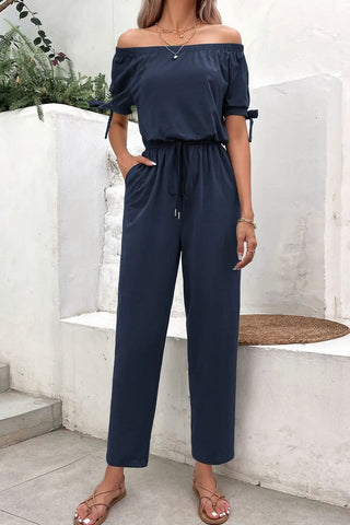 Off-Shoulder Tie Cuff Jumpsuit with Pockets Divacious