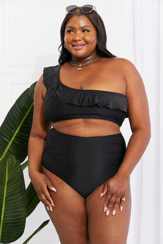 Marina West Swim Seaside Romance Ruffle One-Shoulder Bikini in Black Divacious