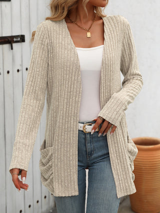 Open Front Long Sleeve Ribbed Cardigan Divacious