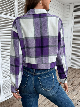 Plaid Button Up Drop Shoulder Cropped Jacket Divacious