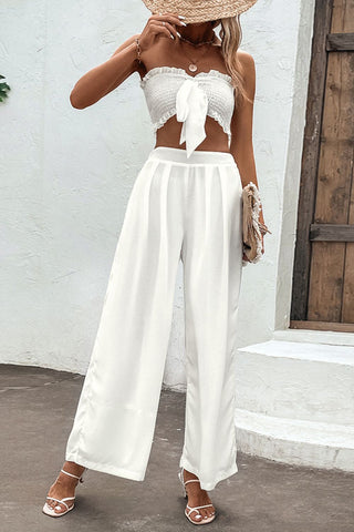 Shiny Smocked Tube Top and Wide Leg Pants Set Trendsi