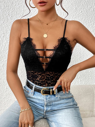 Lace Plunge Spaghetti Strap Bodysuit Divacious